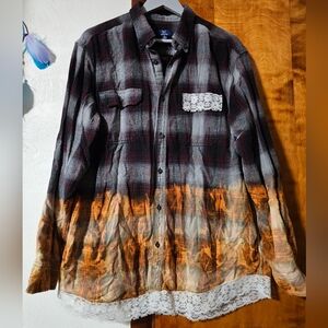 Upcycled Bleached Flannel Shirt with Quilt and Lace Detail